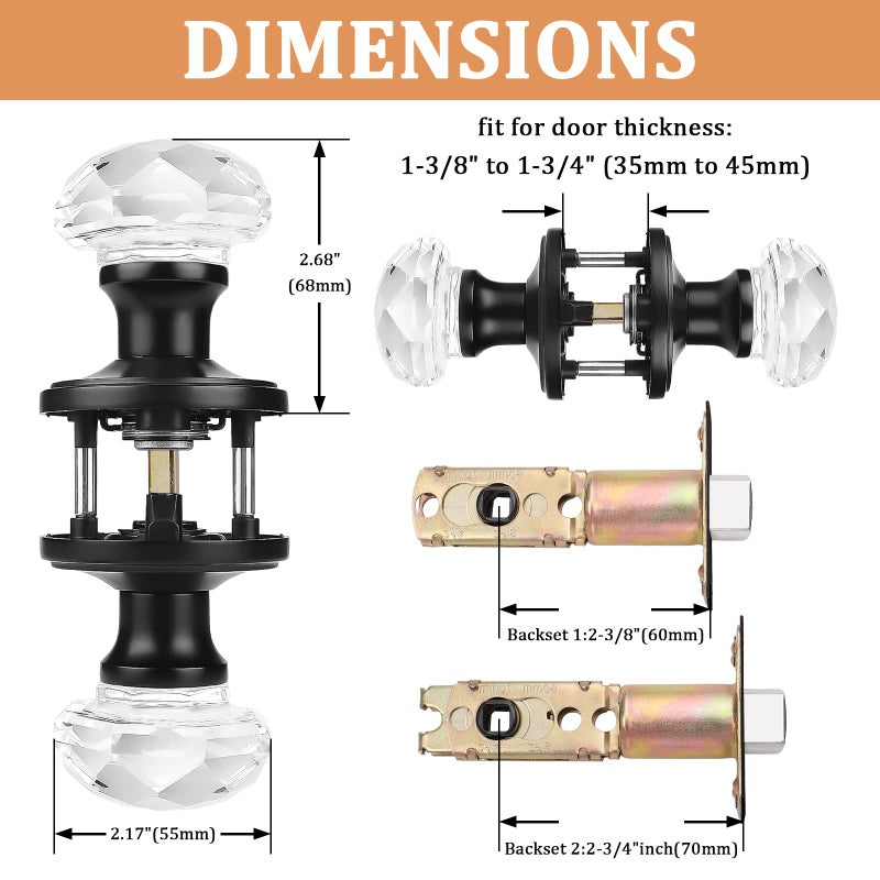 Orger 6 Pack Passage Crystal Door Knobs  Keyless Non-Locking Interior Door Handles for Hallway and Closet  Heavy Duty Glass Knob with Flat Black Zinc Alloy Rosette - Image 5